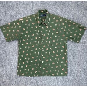 Grant Thomas Button Up Shirt Mens L Olive Green Seashell Starfish‎ Print Cotton